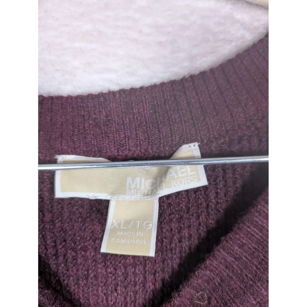 Michael Kors Sweater Women's XL Plum Wool Blend Ribbed Knit Pullover Logo Bar